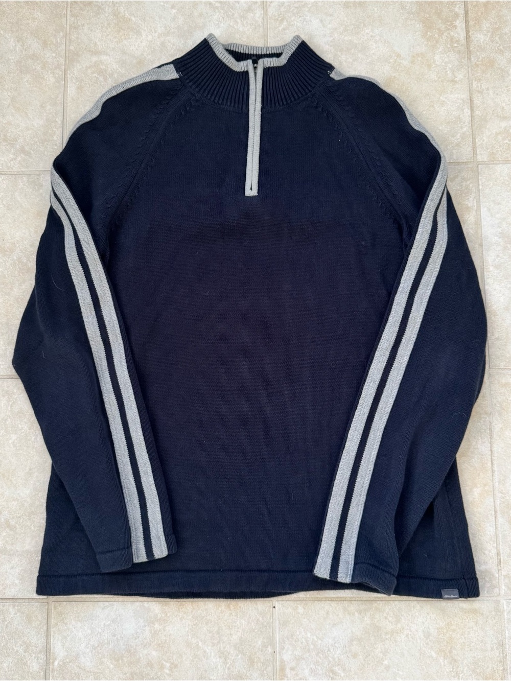 Eddie Bauer Wool Sweater Mens L Tall Gray Blue Striped 1/4 Zip Long Sleeve